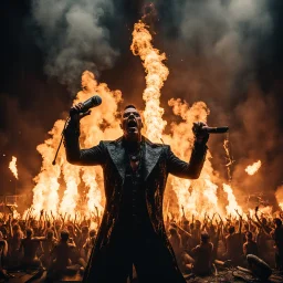 Still photo of a wild Rammstein Concert while performing Feuer Frei, facial flamethrowers, microphone stands on fire, elaborate fire pyrotechnics, photorealistic, dramatic, cinematic, kinetic, concept art, by Alex Majoli