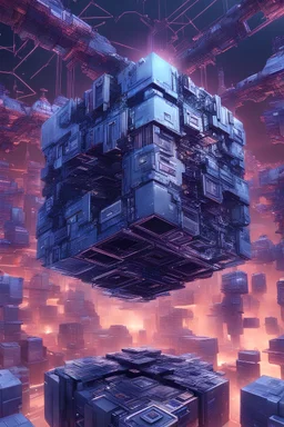 A 3D cube of the world of Cybertron with a complex electronic background in the Metaverse