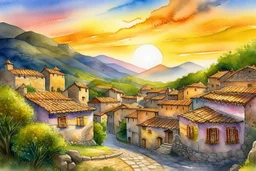 A watercolor painting depicting a medieval village from the perspective of a cobblestone road at sunset. The road and village continue to ascend into the mountains, with stone and wooden houses blending seamlessly into the rocky recesses of the mountain, reflecting the golden hues of the setting sun and the growing ivy. In the background, the majestic mountains feature large cultivated terraces and pronounced limestone gorges with hanging vegetation and meltwater streams.