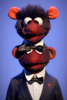 Waist up muppet Portrait, Xi Jinping as muppet doll, Black suit, red tie, photo studio, blue background, unreal engine 5, concept art, art station, god lights, ray tracing, RTX, lumen lighting, ultra detail, volumetric lighting, 3d.