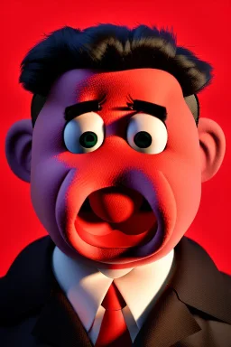 Waist up muppet Portrait, Kim Jong-un muppet doll, black suit, photo studio, red background, unreal engine 5, concept art, art station, ray tracing, lumen lighting, ultra detail, volumetric lighting, 3d.