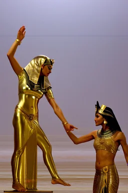 [ancien Egypt, real photography, pharaoh's throne room in background] The dance begins with slow, deliberate movements that mirror the rising sun over the horizon. Satiah's arms unfurl like delicate petals, capturing the essence of the lotus, a symbol of creation and rebirth. Her fingers trace intricate patterns in the air, evoking the cosmic dance of the heavens, where gods and stars move in a harmonious choreography. As the music's tempo quickens, Satiah's dance becomes more energetic and dyn