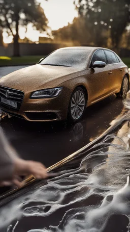 create an Image of washing front glass of the car, drops of water, foam all over, make it look like its taken from inside the car