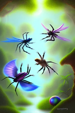 spider fight with exotic pigeon, jungle setting, soft pastel colors, mystical, acrylic paint, mystical, dreamlike,