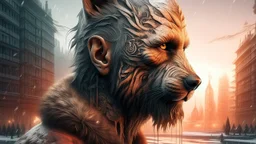 Double exposure, Wolfman, photorealism, man, city, sunset, snow, rain, fantasy, mystical, tattoo, vertical pupils, high detail, high resolution, 8K