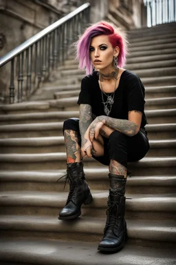 A portrait of an attractive young Italian punk girl. Photo taken on the street of Rome on Spanish stairs. Black shirt, short skirt, heavy boots, a lot of tattoos and piercings, coloured hairs, provocative pose, taken by Canon 5 and boke lens