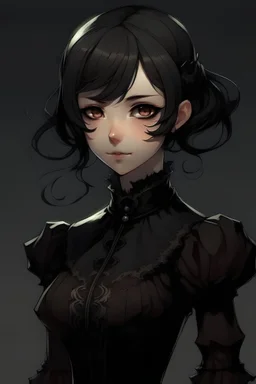 Personaje de anime femenina, con cabello negro y corto. que su vestimenta sea un vestido oscuro de la espoca victoriana. que sea vampira