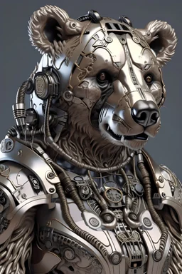 3D Portrait of a realistic cyborg bear in natural colour wearing armor in realism