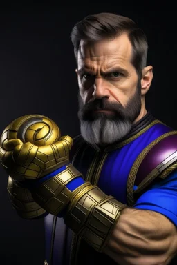 A sporty looking man with With a serious his face while holding Thanos' gantlet K's infinity gauntlet has six infinity stones