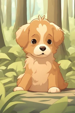 create a light brown cute, fluffy puppy SLEEPING in a forested area; bright colors; daylight; pixar style