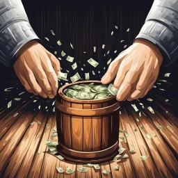 Two hands holding a wooden barrel : 1.5 ) money goes in from above and money comes out from below, ultra quality, vector graphics