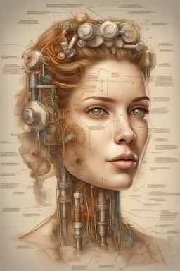 A realistic complex colorful illustration of an bio mechanic woman face portrait, composed of various components such as valves, springs, bolts, and circuits with some drawings, diagrams and notes explaining how it works in Leonardo codex background, concept art
