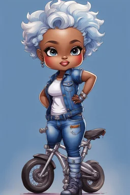 create an watercolor illustration of a chibi cartoon voluptuous black female wearing a blue jean outfit with biker boots. Prominent make up with hazel eyes. Extremely highly detail of a very low platinum blonde pixie haircut. Background of a bike show.