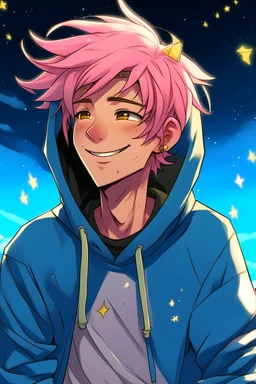 An androgynous young man with tousled pink hair and golden eyes floating among the stars wearing a light blue hoodie and black board shorts. He is smiling softly and holding a star in one hand.