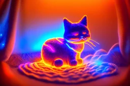 Against a dark cracked holographic marble background, a cute chibi plushy fluffy knitted and embroidered cat, tent, campfire, pond, mist and fog in sunshine, drawn in orange glowing neon lines. The cracks in the background are golden. Ethereal, cinematic postprocessing.