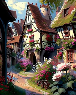 german medieval village with flowers rpg art painterly