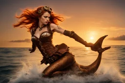 the most Beautiful steampunk Mermaid, jumping out of the Ocean at sunset