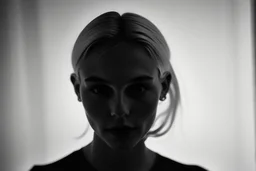Mujer rubia de espaldas, retrato primer plano., iluminada desde el rostro hacia la cámara, Imagen en blanco y negro vaporoso, al estilo de la foto del fotógrafo Hugo Alonso.