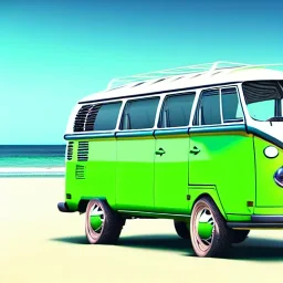 old Volkswagen partyvan, green color van, funny colored, partyvan on the beach, sunny beach, sunny weather, beach party, party people, party, realistic, ultra high quality, unreal engine, cinematic, surfing, palms, palm beach, beach, sandy, professional photography, ultra resolution