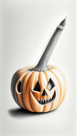 pencil drawing of a pumpkin. Spooky, scary, halloween, white background, colored pencils, realistic