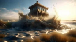 3d model, Raging waves colliding with the sandy coast, splattering tar on a house that appears ship-like, with wind blowing through tall grasses under a dramatic sky at dawn., blurry, muted colors, long exposition motion blur, figure, octane render volumetric, highly detailed videogame aesthetic