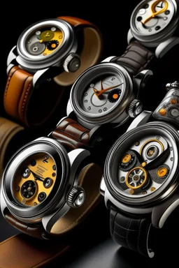 Generate a side view image of a curated ensemble of vintage Hermes watches, highlighting their unique features and craftsmanship.