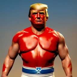 Realistic image of Donald trump wrestler, Mexican wrestling style, Mexican eyes wrestling mask, red and blue breeches, suspenders, retro style, 80s, vibrant color, highly detailed, sky background, concept art, unreal engine 5, god rays, ray tracing, RTX, lumen lighting, ultra detail, volumetric lighting, 3d, finely drawn, high definition, high resolution.