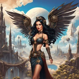 exotic sci-fi steampunk pin-up girl, with long dark hair and wings, on an alien planet with cloud trees, tall spires, buildings, bridges, arches