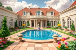 a luxury villa yard with pool in center and pretty plants trees flowers, pretty clouds,a pretty model lady in victorian clothing walking in villa yard around pool .every thing and lady is made of small colored cubes as a puzzle