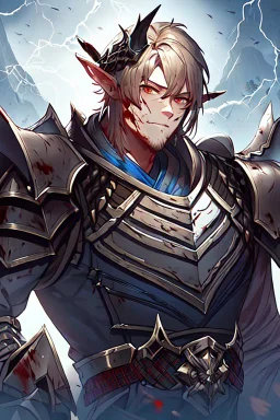 Armored Male Blood Knight Elf by manhwa or korean webtoon style there are lightning and blood spurts around the man, his face pointed at the camera, and with a serious look he lets his opponent know that it's his turn