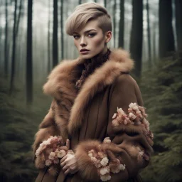 vogue fashion photo, brown tuffle coat, beautiful swedish forest view, mages, large, floral designs, atmospheric, beautiful, China Doll, , dark background, mid shot, full body, neutral expression, buzzcut hair, ultra realistic, highres, superb, 8k wallpaper, extremely detailed, intricate, limited palette,