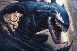 Huge venom in 8k solo leveling shadow drawing, shark effects, blue lights, sea, intricate details, highly detailed, high details, detailed portrait, masterpiece,ultra detailed, ultra quality