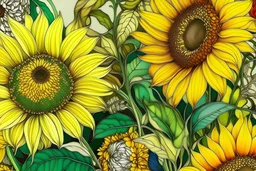 Give me a prompt background I want to use on the cover of a coloring book, that has flowers, on the side and colorful, flowers I want for the sunflowers,