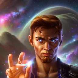 A man with determination who holds all the galaxies in his hand and stares at them