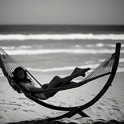 mujer sentada en una hamaca de madera en la playa, fotografía real, fotografía realizada con un cámara Fuji y objetivo de 35mm, fotografía en blanco y negro, tono años 60