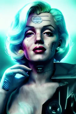 Ultra Realistic image, portrait, blonde woman, sweet Marylin Monroe face, perfect iris, glow eyes, glow makeup. Cyborg, Cyberpunk style, latex coat, Japanese tattoos. fog, rain, soft color, highly detailed, unreal engine 5, ray tracing, RTX, lumen lighting, ultra detail, volumetric lighting, 3d, finely drawn, high definition, high resolution.