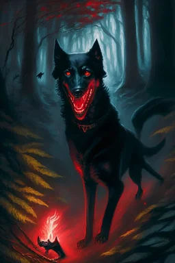 in the style of William Adolphe Bouguereau, a young handsome warlock confronts a monstrous black hound with red, glowing eyes and sharp teeth, a wicked grin in a dark forest