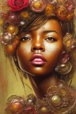 an abstract painting of rusted metal and flowers, heart filled with love African girl and an American girl , rust, scaffolding, iron cladding, decay, mixed media, textured, anatomically correct, beautiful perfect face, sharp focus, highly detailed