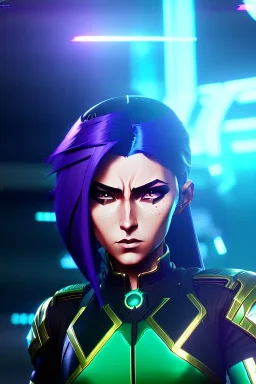Futuristic female soldier, physically fit, green hair, blue eyes, intricate eyeliner, vibrant eyeshadow, clear completion, soft lighting, 4k resolution, intricate details, insanely detailed, colorful cityscape background, masterpiece, expert, cinematic smooth, retroanime style, realistic details, no helmet