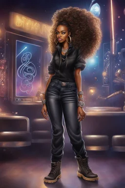 Create a digital airbrush cartoon of an African American female wearing a black jean outfit with timberland boots. Prominent make up with hazel eyes. She is wearing large diamond hoop earrings. Extremely highly detailed very long curly hair that shines. Background of a night club.