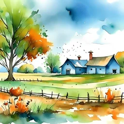 November rainy day at the farm, whimsical loose watercolor style