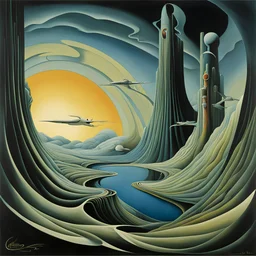 A Dream within a Dream, hope has flown away amid the pitiless roar, expansive, sinister, dark vibrant colors, asymmetric surrealism. by Gerald Scarfe, by Kay Sage, smooth matte oil painting, meander, weirdcore.