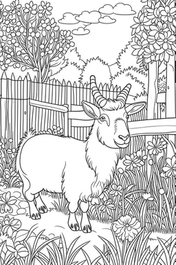 Outline art, goat in the garden, cartoon style, low detail, --ar 9:11