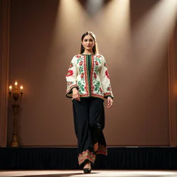 A full-body shot of a beautiful lady wearing azeri folk jacket and pants walking on a nice stage and looking at the camera