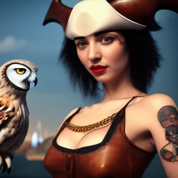 hyper realistic, young cute girl with ships in background, short black hair, holding a owl. black tatoo on arm. dressed a steampunk pirate, bra with carved leather. Salvador dalì style. high details. 4k, unreal engine