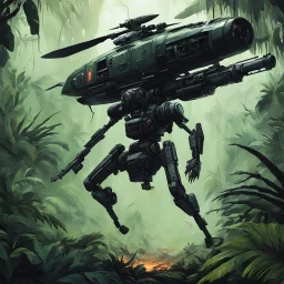 [art by John Paul Leon] helicopterus killer alien with a lot of mini guns, in jungle