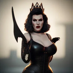 Hannah Waddingham as evil queen in black leather, busty, cleavage, dominatrix, curvy, angry, stern look. unreal 5, octane render, cinema4d, dynamic lighting, dramatic lighting, 4k, redshift render, highly detailed, hyper realistic,anthropomorphic black wolf long