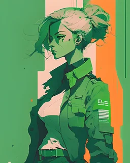 independent business woman, style of laurie greasley, james gilleard, genshin impact, trending pixiv fanbox, acrylic palette knife, 4k, minimalistic, few colors, green color, minimalistic background, devinart, trending on artstation, low details