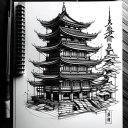 Black and white, tattoo sketch, Japanese traditional, traditional architecture, cyberpunk style, tattoo size 150mm, minimalism, minimum detail, cyberpunk art