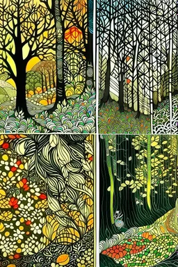 random color Zentangle patterns in the styles of Gustav Klimt ,Wassily Kandinsky, Paul Klee, and Kay Nielsen that depicts a a remote autumn forest glade, with fine ink outlining